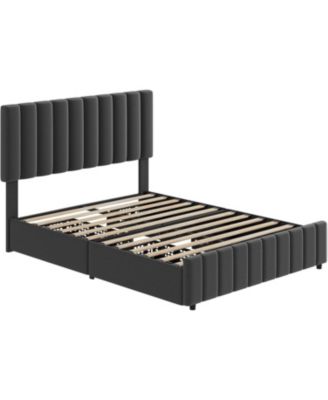 Queen Upholstered Bed Frame 4 Drawers Adjustable Headboard Wood Slats No Box Spring