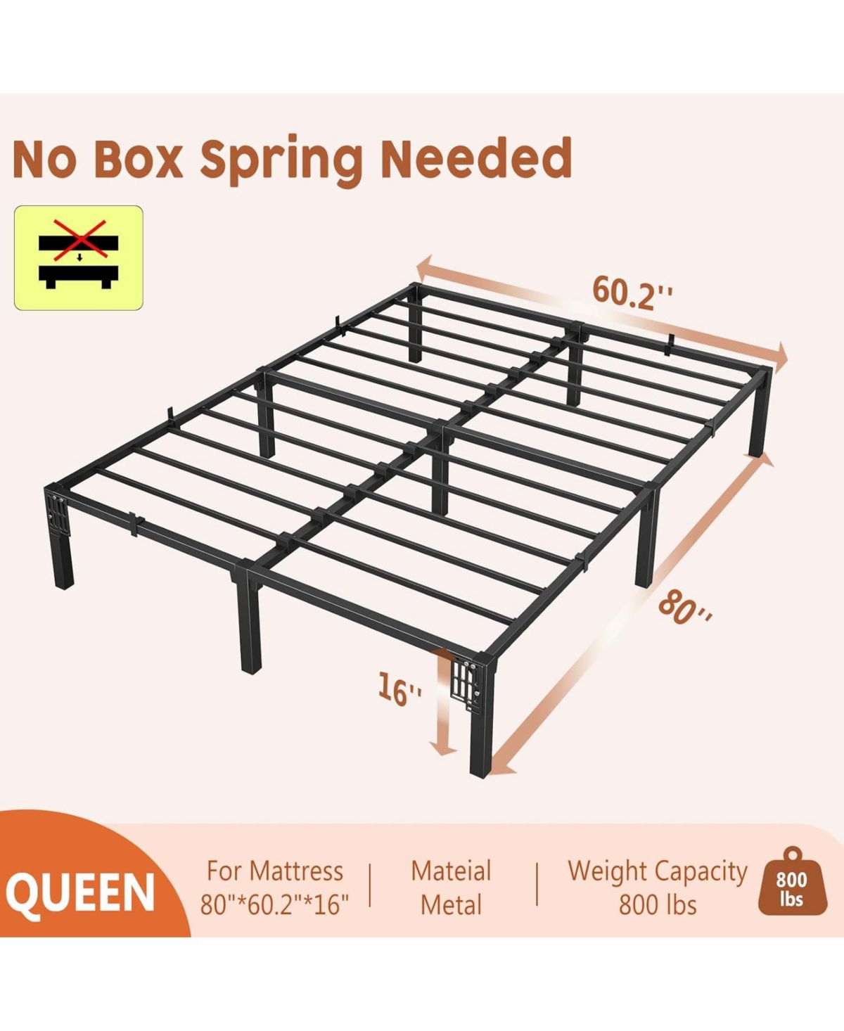 gaomon 16 Inch Metal Bed Frame, Heavy Duty Metal Platform Bed Frame with Reinforced Slats Support, 800 Lbs Load Capacity, Noise Free