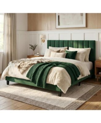 QUEEN Size Bed Frame, Velvet Upholstered Platform Bed with Adjustable Vertical Channel Tufted Headboard, No Box Spring Needed, Easy Assembly