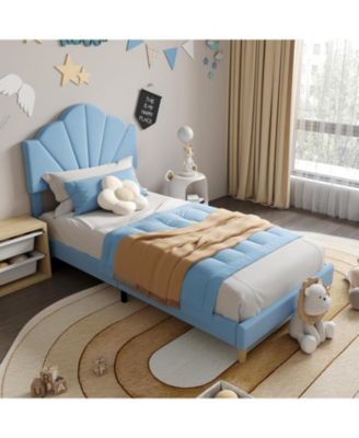 Twin Bed Frame Velvet Upholstered Adjustable Headboard Wood Slats Easy Assembly No Box Spring Light