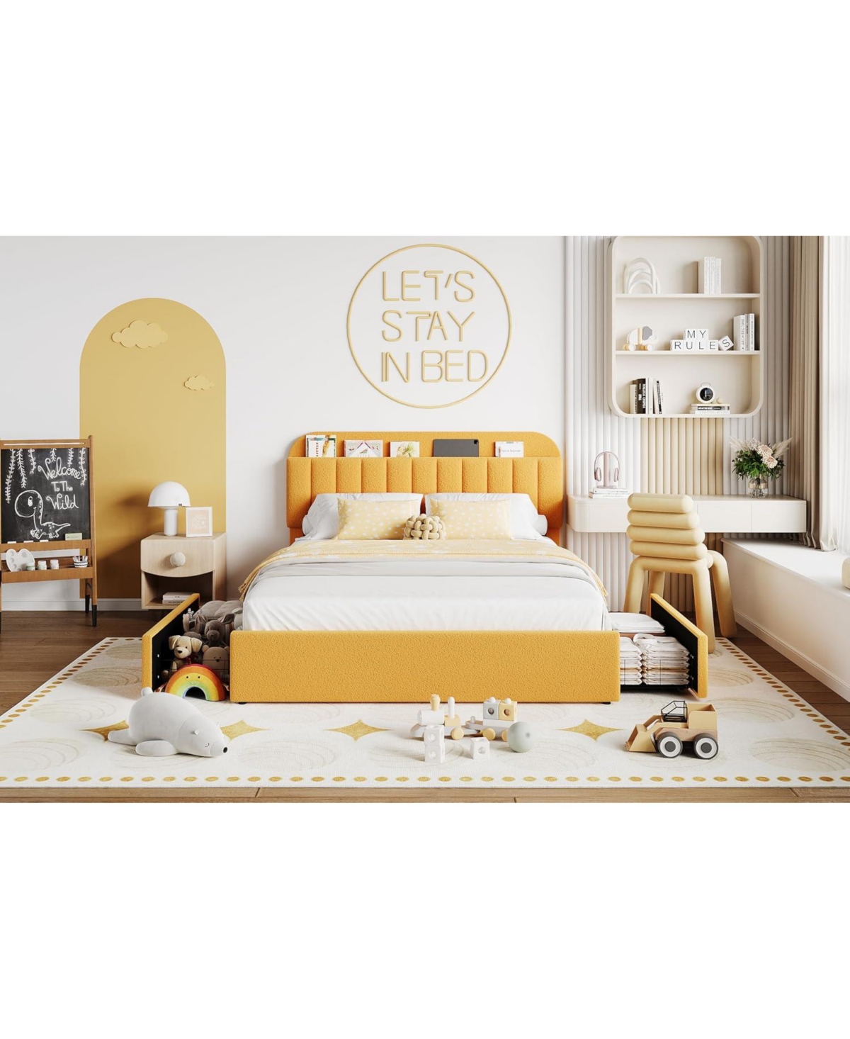 gaomon Bed Frame Storage Headboard Boucle Upholstered Platform 2 Drawers Bookcase Wood Slats No Box Spring.