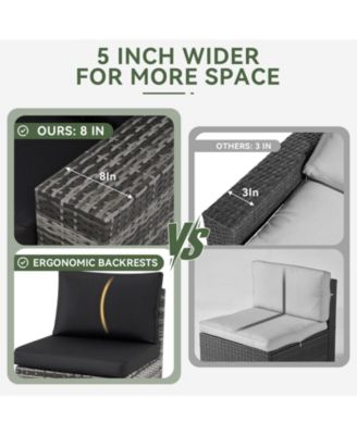 6-Piece Black Wicker Outdoor Sectional Sofa Set with Grey Cushions and Glass-Top Coffee Table