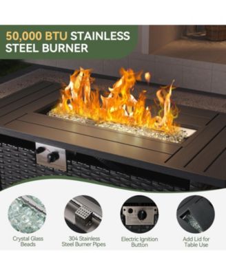 7-Piece Black Wicker Outdoor Sectional Sofa Set with Gray Cushions with 44" Propane Fire Pit Table