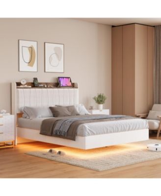 King Floating Bed Frame with LED Lights & USB Charging, Upholstered Platform, Wood Slats, Noise Free