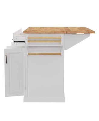 54" White Kitchen Island with Drop Leaf, 4 Doors, 3 Drawers, on Wheels