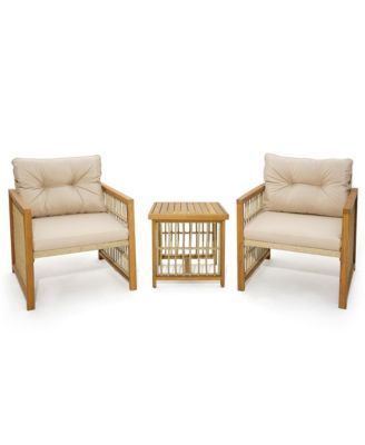 3PCS Patio PE Wicker Conversation Set Acacia Wood Frame
