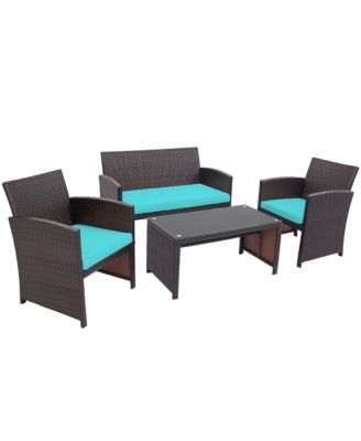 4PCS Patio Rattan Furniture Set Cushioned Chair Sofa Coffee Table