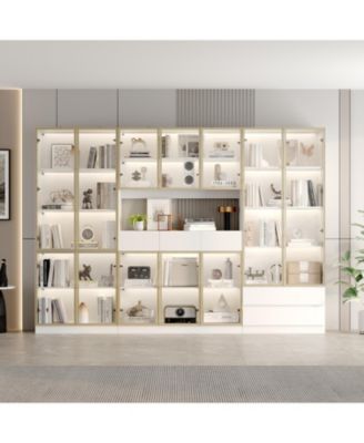 Large 30-Shelf Wood Standard Bookcase With Doors,LED Lights,Drawers