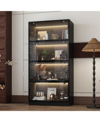 Modern Wood 4-Shelf Bookcase with Doors and 3-Color LED Lights