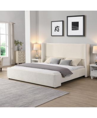 Elegant White Fabric Upholstered Bed with Tall Headboard