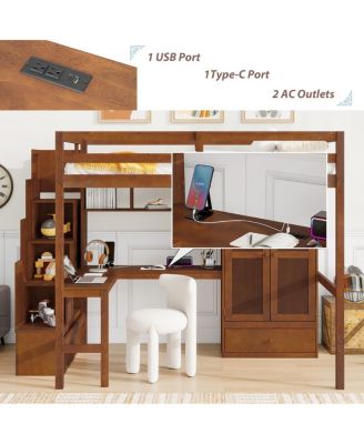 Full Size Walnut Loft Bed with Desk, Shelves, Wardrobe & Stairs