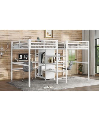 Twin Over Twin Metal Loft Bed with Double Desk, Wardrobe, Shelves & Outlet