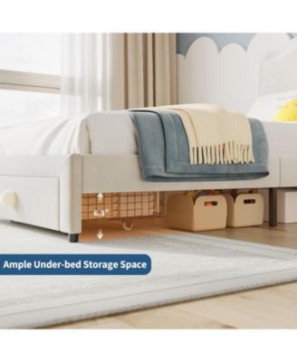 Twin Upholstered Platform Bed Frame Headboard Storage Drawer Velvet Princess Bed for Kids Wood Slats No Box Spring Easy Assembly