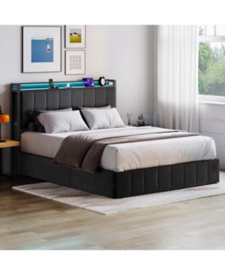 Queen Lift Up Storage Bed Frame Velvet Upholstered Hydraulic Platform Storage Headboard LED Charging Wood Slats No Box Spring