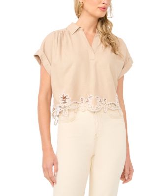 Women's Collared V-Neck Short-Sleeve Blouse