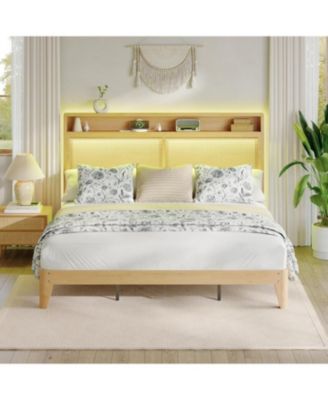  Rattan Bed Frame with LED Charging Bohemian 2 Tier Storage Headboard Solid Wood Silent Slats No Box Spring