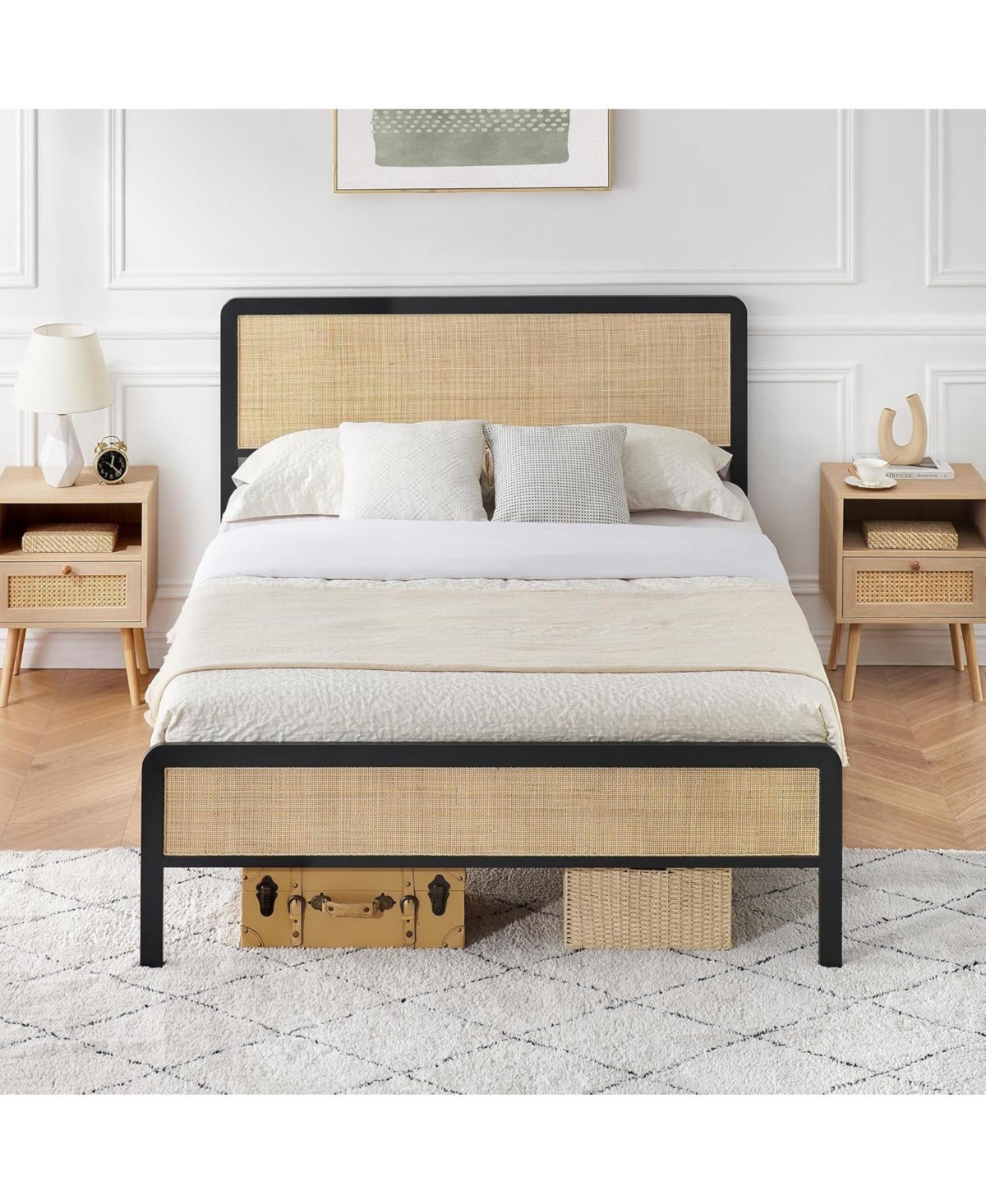 gaomon Queen Platform Bed Frame With Rattan Headboard and Footboard Rounded Corners Metal Slats Enhanced Stability
