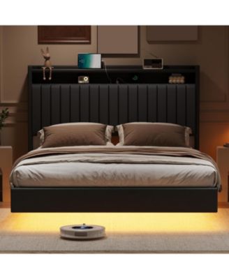 Queen Floating Bed Frame 50 Inch Led Headboard Charging Station Platform Hidden Legs