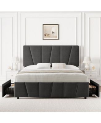 Bed Frame with 4 Storage Drawers and Headboard, Upholstered Platform Bed Frame with Wooden Slats Support, No Box Spring Needed, Noise Free