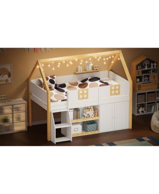  Low loft bed with stairs, shelves, cabinets & LED lights