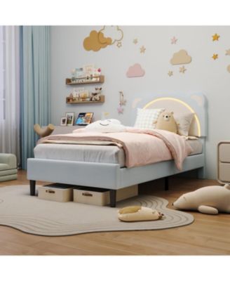Bed Frame with LED Lights Adjustable Bear Headboard Velvet Kids Platform Wood Slat Support Noise Free Easy