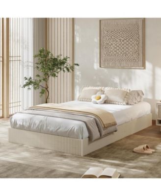 Wooden Bed Frame Platform with Fluted Design Sturdy Stylish Noise Free Wood Slats No Box Spring Cream