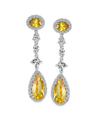 Canary Yellow Royal Green Halo CZ Teardrop Chandelier Earrings Silver Plated