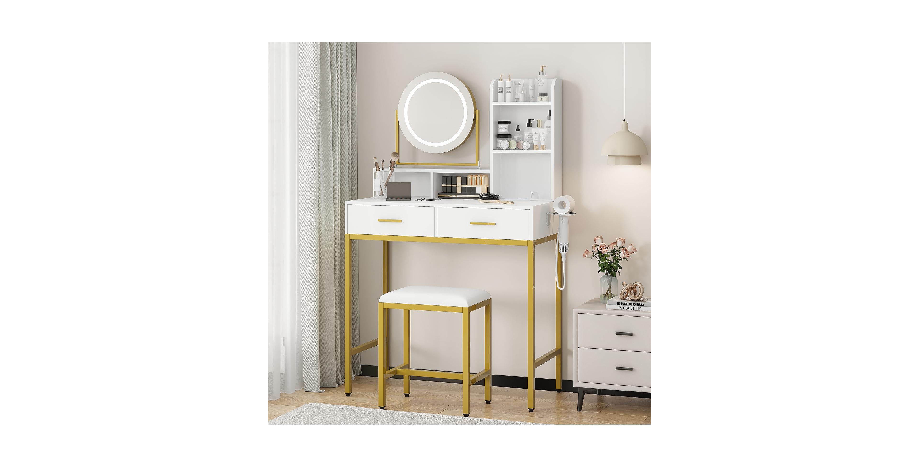gaomon Makeup Vanity Set with Rotating Lighted Mirror, Stool, 2 Drawers and Power Outlet