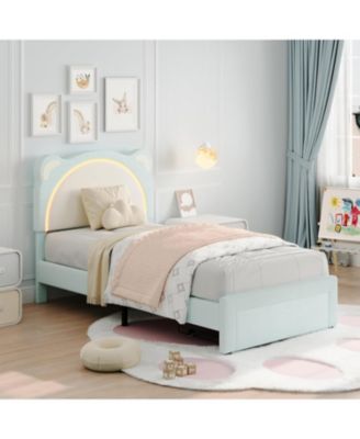 Twin Bed Frame with LED Lights Adjustable Bear Headboard Velvet Kids Bed Storage Drawers Noise Free Wood Slats