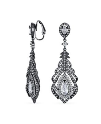 Art Deco Style Cubic Zirconia Leaf Teardrop Statement CZ Chandelier Clip On Earrings