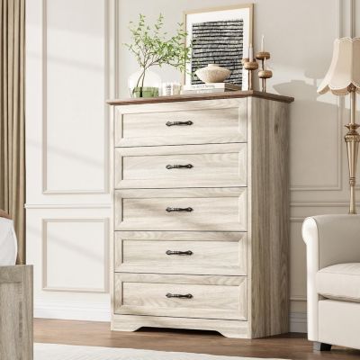 Farmhouse 5-Drawer Tall Dresser with Wide Metal Handles, Natural Wood Storage Chest for Bedroom & Living
