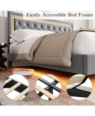 Floating Bed Frame with Smart LED Upholstery Diamond Headboard Wood Slats No Box Spring Needed Noise Free