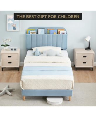 Twin XL Bed Frame Storage Headboard Velvet Upholstered Platform Bed Kids Wood Slats Noise Free