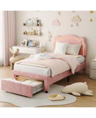 Twin Velvet Bed Frame Smart Led Adjustable Bear Headboard Wooden Slats Kids Platform No Box Spring
