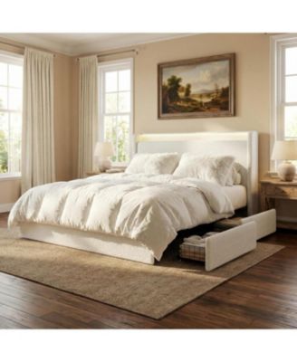 Full Boucle Upholstered Bed Frame Platform with 4 Drawers and Headboard Soft Fabric No Box Spring Required Easy Assembly