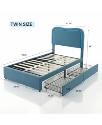 Boucle Twin Bed Frame with 2 Storage Drawers Upholstered Platform LED Headboard Wood Slats No Box Spring