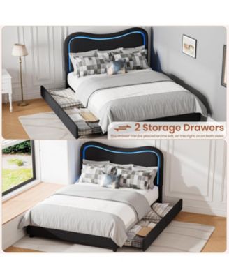  LED Bed Frame with 2 Drawers and Headboard Cute Upholstered Bed Storage Sturdy Platform No Box Spring
