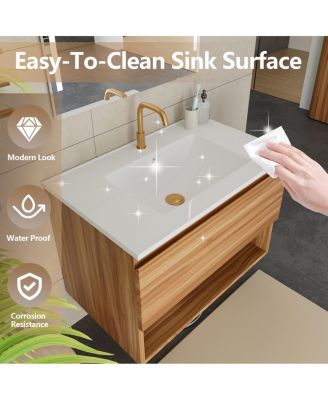 29" Wall Mounted Bathroom Vanity with Sink, Modern Walnut MDF Cabinet, Large Drawer Storage for Small Space
