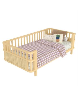 Children's double wooden platform bed with railings (Twin, Natural)