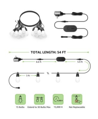 ZB1 15-bulbs 54ft AI Smart RGBIC & Warm White Outdoor String Lights, Alexa Google Enabled, APP Control Only NO Remote, 2.4GHz WiFi Bluetooth