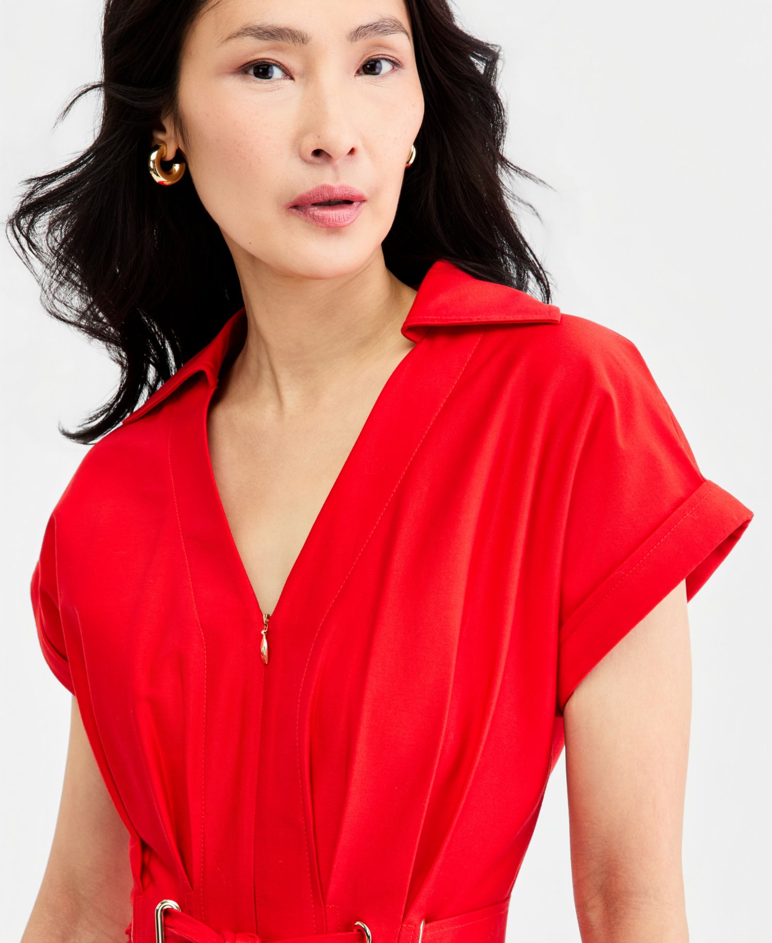 Women's Collared Belted Grommet-Waist Midi Dress