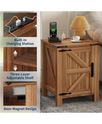 Bedside Table with USB Charging Station – Rustic Wooden Bedside Table with Sliding Barn Door, Adjustable Shelf