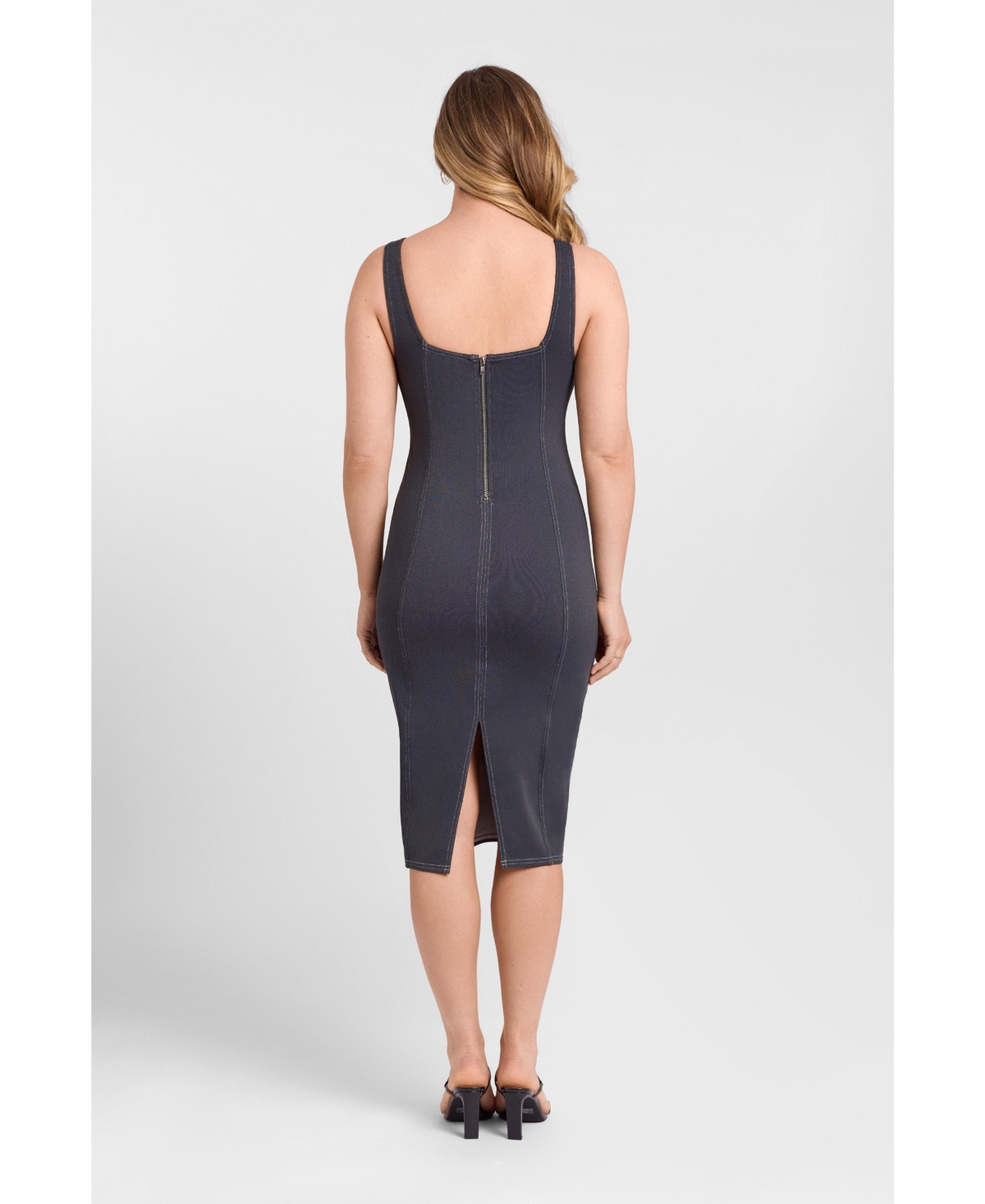 S3 Apparel Women's Denim Square Neck Sculpting Tank Midi Dress with Built-In Shapewear