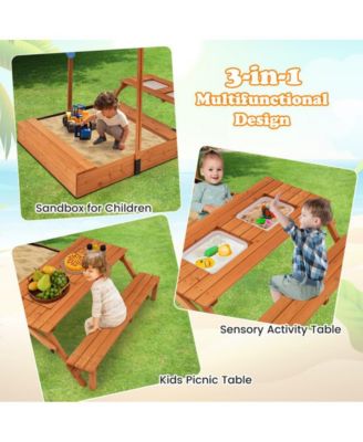 Kids Wooden Sand Box with Foldable Picnic Sensory Table and Bench
