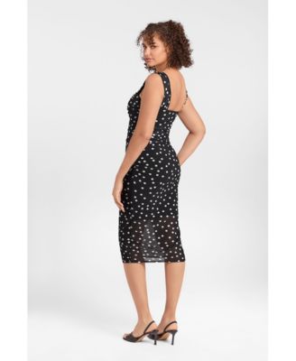 Women's Draped Mesh Sculpting Midi Dress with Built-In Shapewear