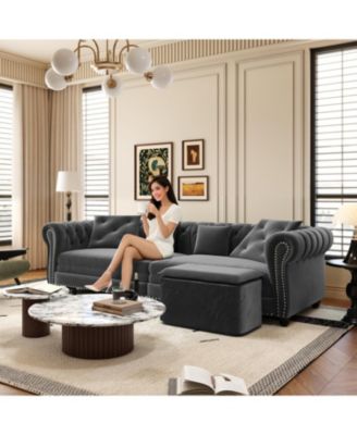 Streamdale Chesterfield Velvet Pull-Out Sofa Bed with Ottoman