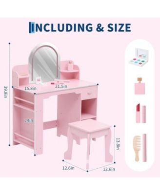 Kids 2-in-1 Vanity Set with Lighted Mirror, Stool, Bookshelf and Makeup Kit