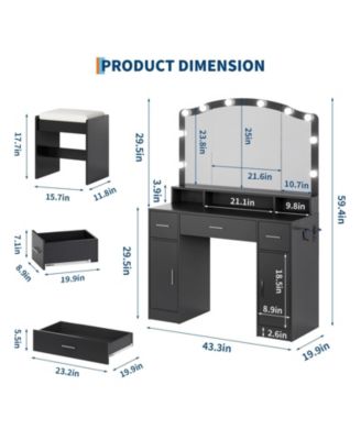 Makeup Vanity Desk with LED Lighted Mirror, 5 Drawers and Power Strip