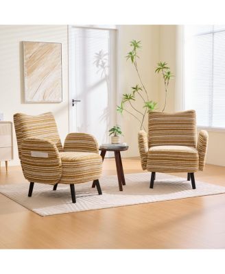 Modern armchair with sanded fabric, side pocket, solid wood legs