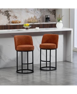 Counter Height Bar Stools Set of 2, Modern Barrel Stools with Backrest, Linen Fabric